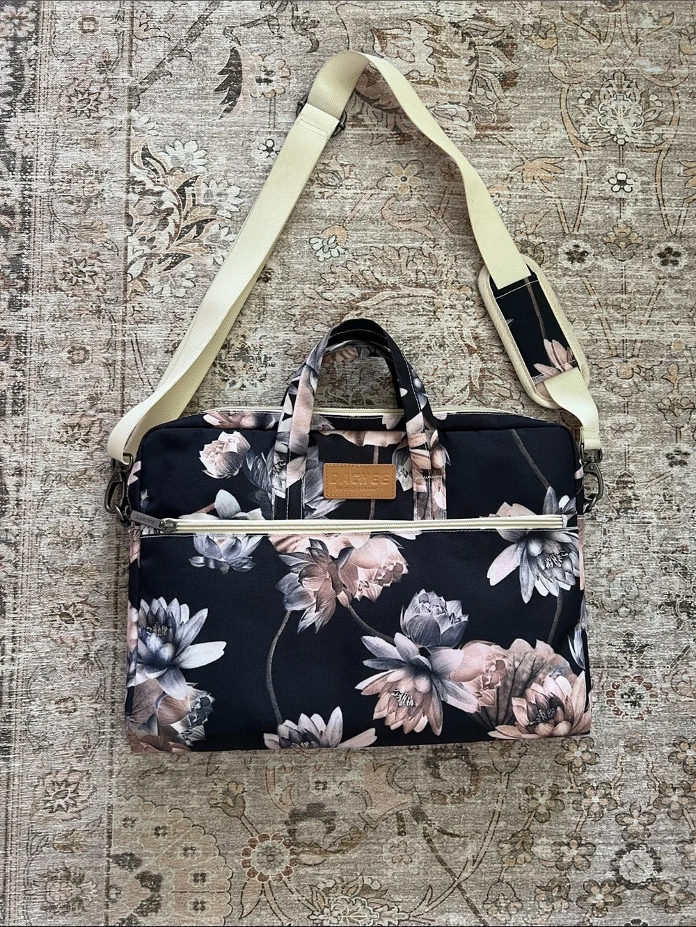 Floral Black Laptop Tote Bag with Cream Strap